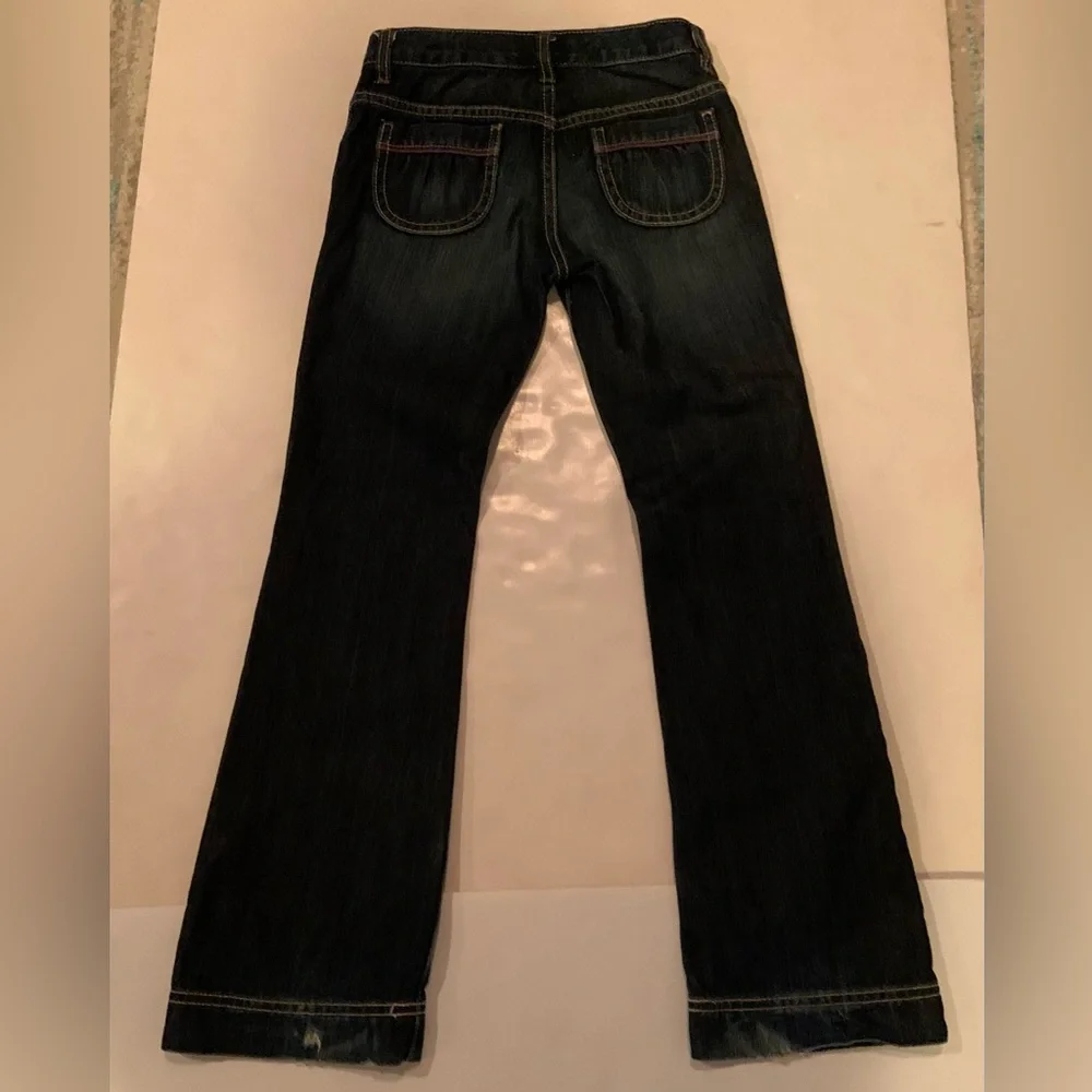 Old Navy Girls Size 8 Blue Denim Pink Details Boot Cut Jeans Adjustable Waist